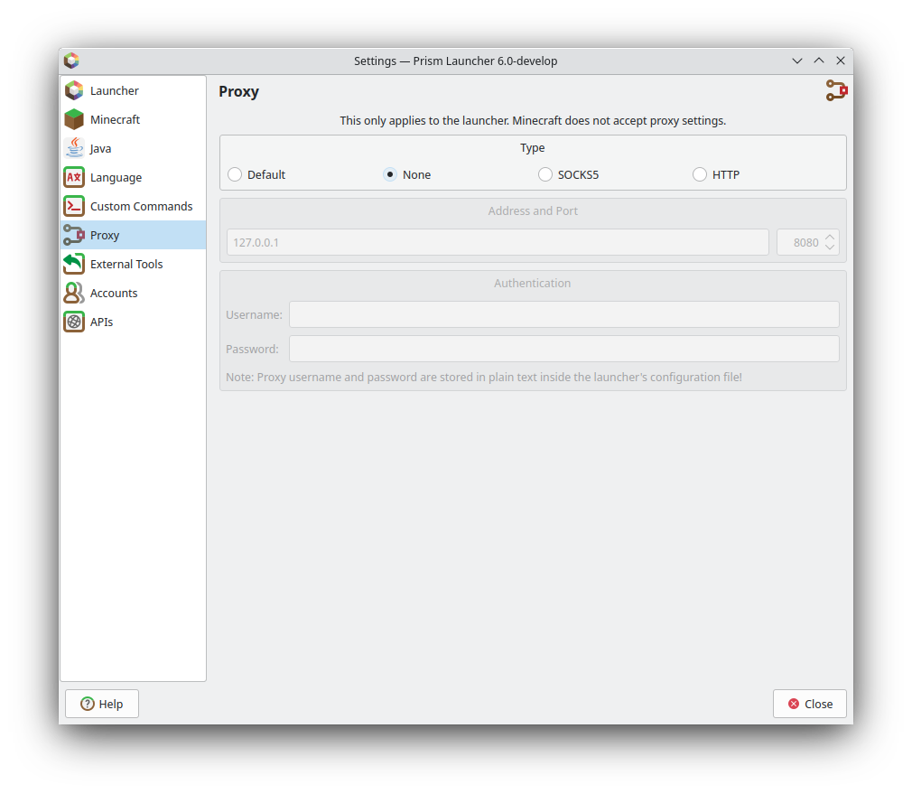 Proxy tab under PrismLauncher settings